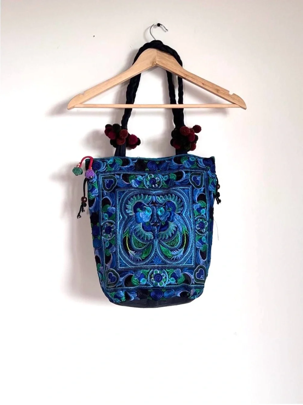 aMano Fair Trade Blue Green Embroidered Bird Boho Tote Bag Pom Poms